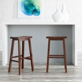 Set of 2 Farmhouse Bar Height Saddle Seat Barstools in Brown Walnut Wood Finish Set of 2 Farmhouse Bar Height Saddle Seat Barstools in Brown Walnut Wood Finish